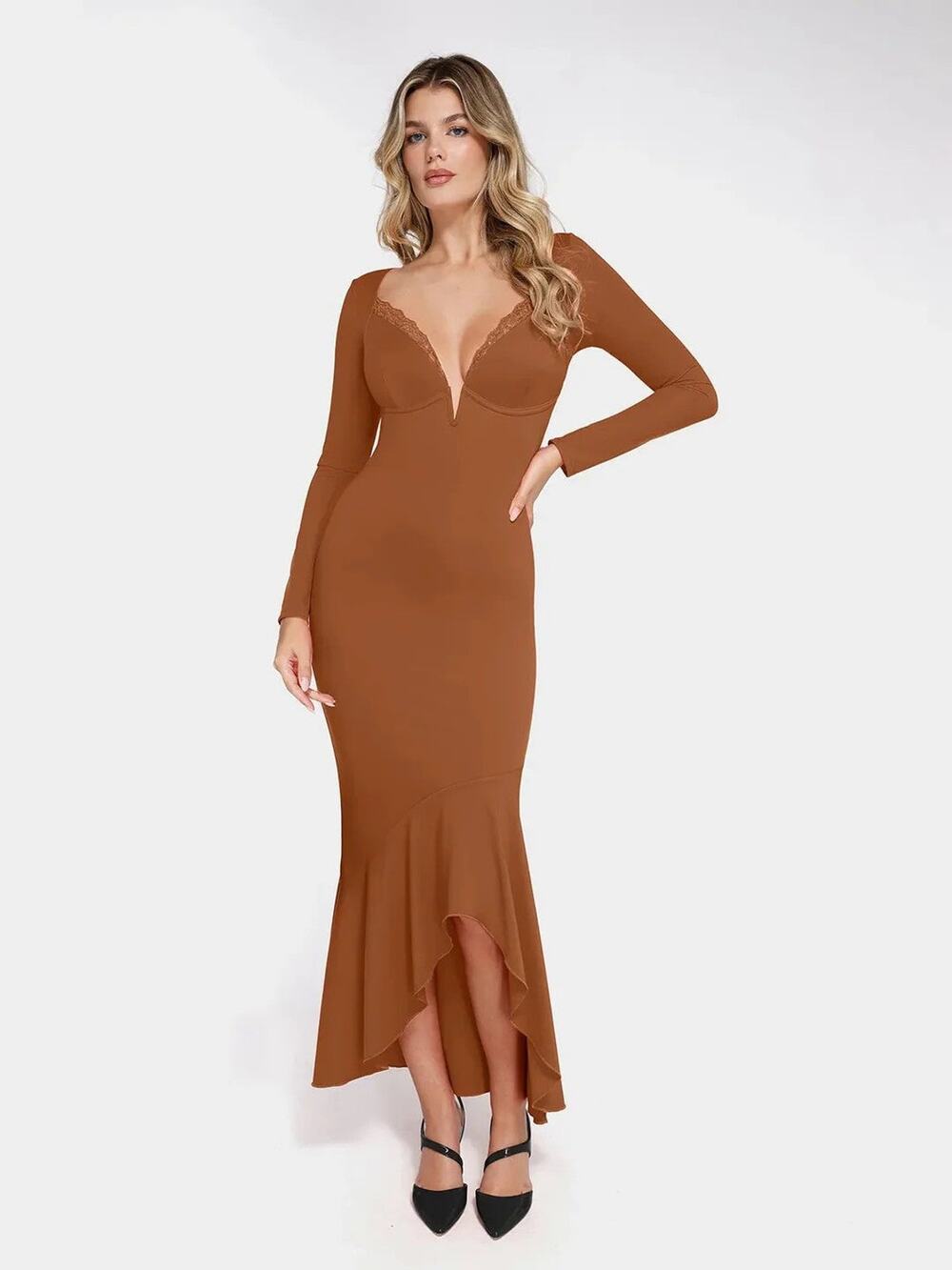 Popilush Long Sleeve Lace Trim Sculpting Mermaid Maxi Dress in Brown - XL